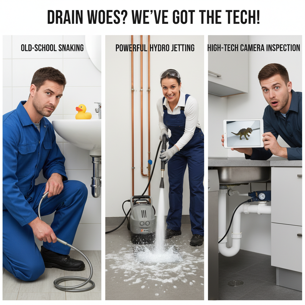 A comparison image illustrating professional drain unclogging services: drain snaking, hydro jetting, and video camera inspection equipment being used by plumbers.