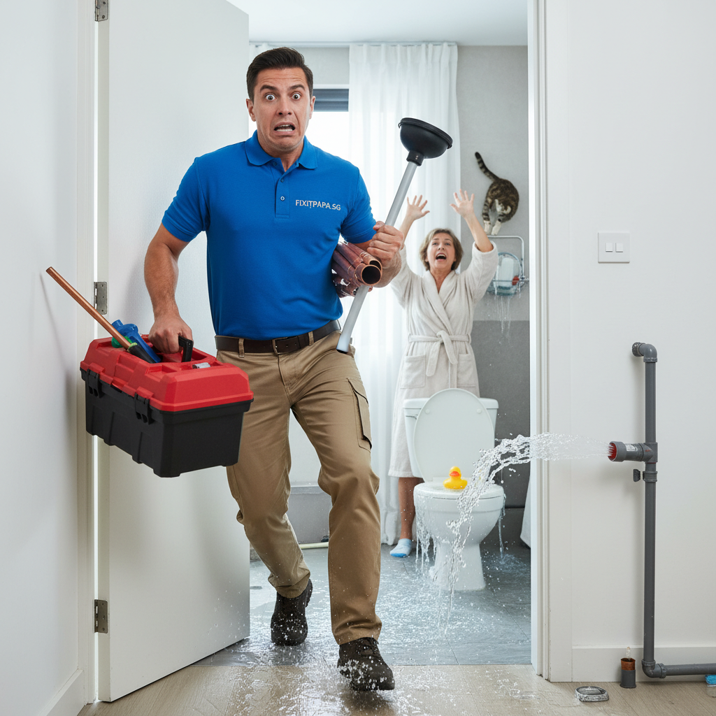 Professional plumber from Fixitpapa.sg quickly arriving at a residential home with tools, ready to fix plumbing issues such as leaky taps, clogged drains, and burst pipes.