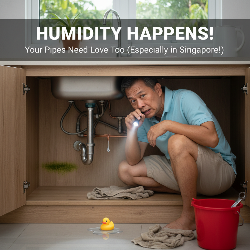An illustration showing a Singaporean homeowner inspecting pipes under a sink for leaks, highlighting preventive plumbing maintenance in a humid environment.