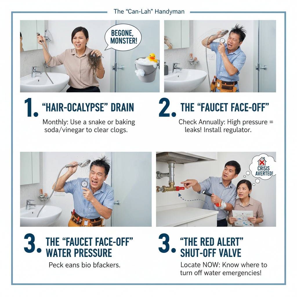 A visual guide or infographic featuring the step-by-step practical preventive plumbing maintenance tips, such as cleaning drains, monitoring water pressure, and locating the emergency shut-off valve.