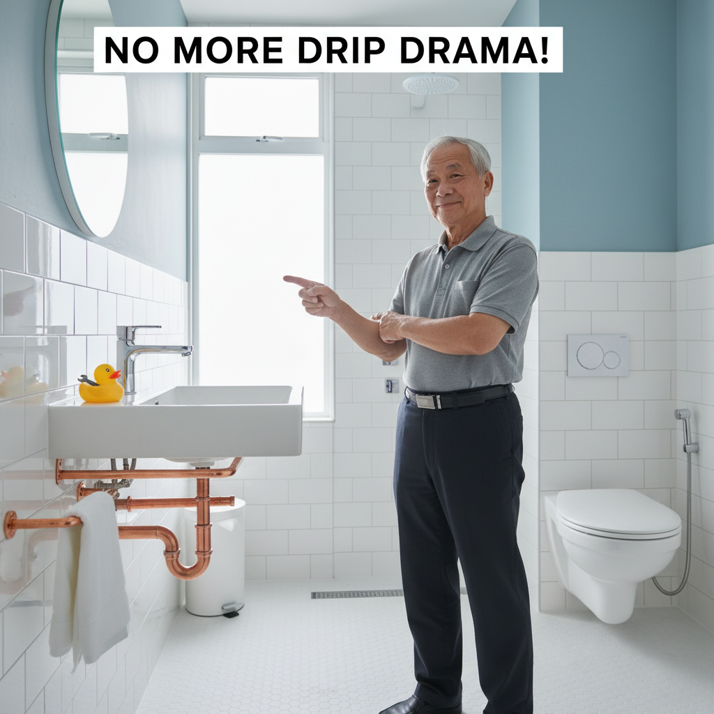 A clean and modern bathroom or kitchen in a Singapore home, highlighting well-maintained plumbing fixtures with no leaks or drips.