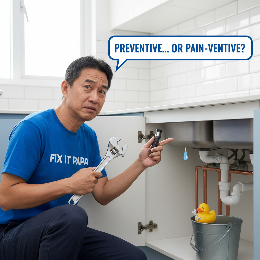 An experienced handyman from Fix It Papa inspecting plumbing pipes under a kitchen sink in a Singapore home, showcasing preventive plumbing maintenance.