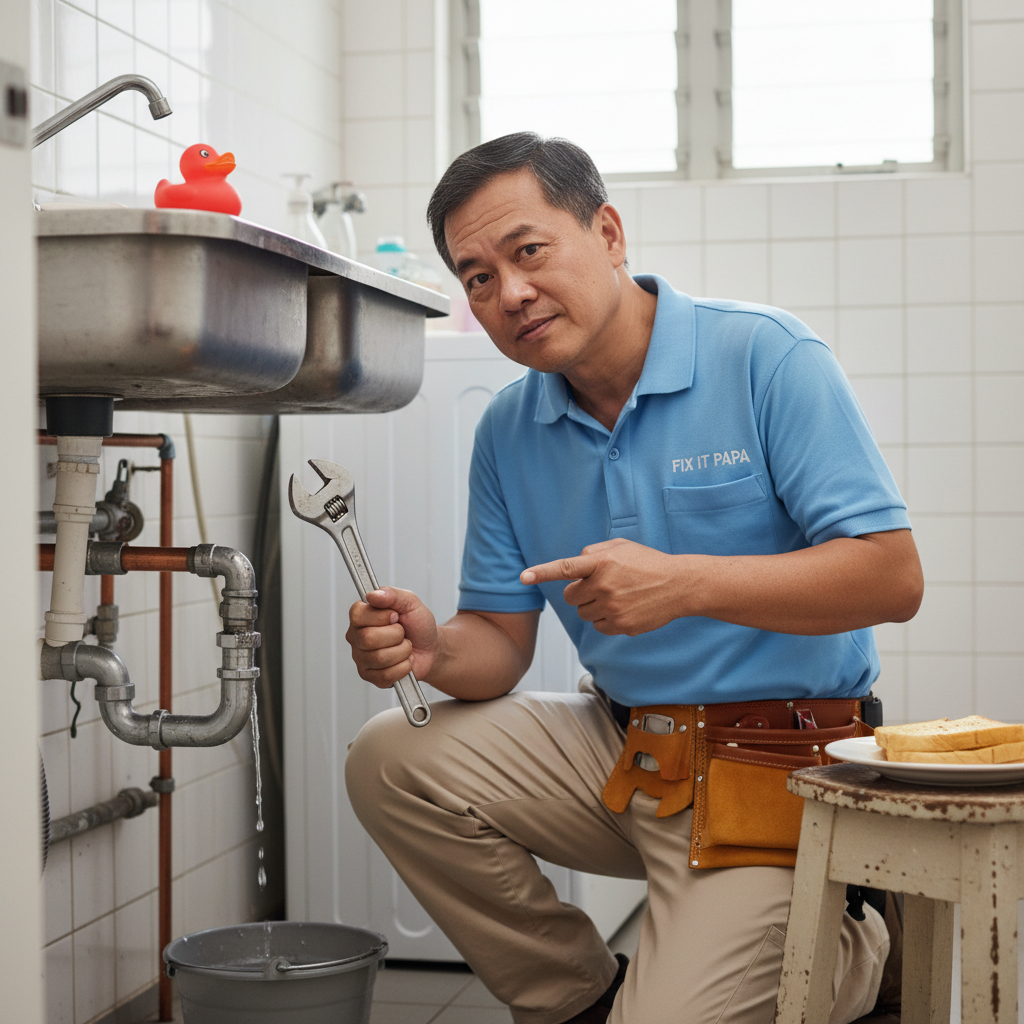 An experienced Fix It Papa handyman inspecting and maintaining plumbing pipes in a typical Singaporean home, showcasing professionalism and local expertise.