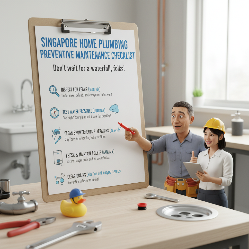 A detailed preventive plumbing maintenance checklist infographic featuring common tasks like leak inspection, water pressure testing, and cleaning aerators, tailored for Singapore homes.