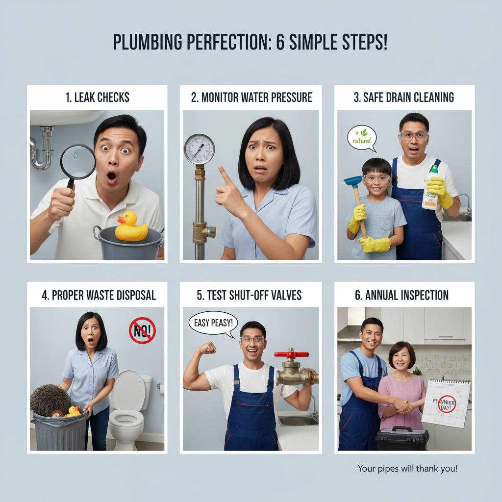 A visual infographic showcasing the simple steps for maintaining a home plumbing system: leak checks, monitoring water pressure, safe drain cleaning, proper disposal of waste, testing shut-off valves, and scheduling annual inspections.