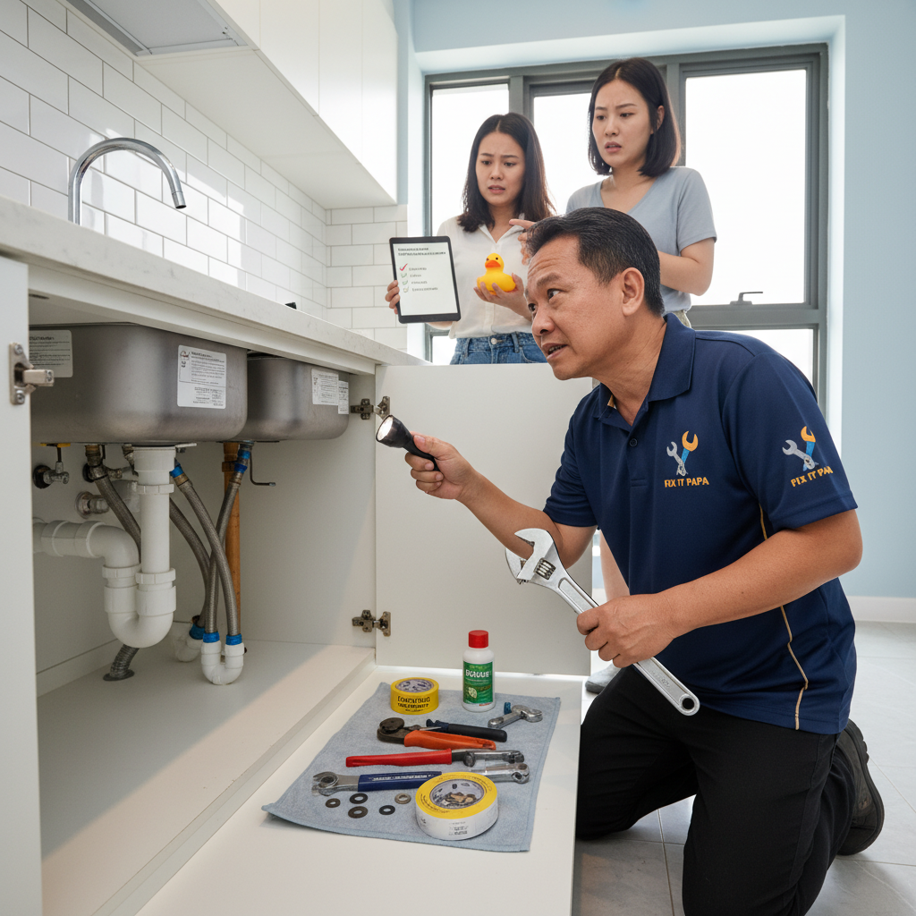Illustration of a professional handyman from Fix It Papa conducting a detailed plumbing inspection in a typical Singapore home, highlighting tools and preventive maintenance actions.