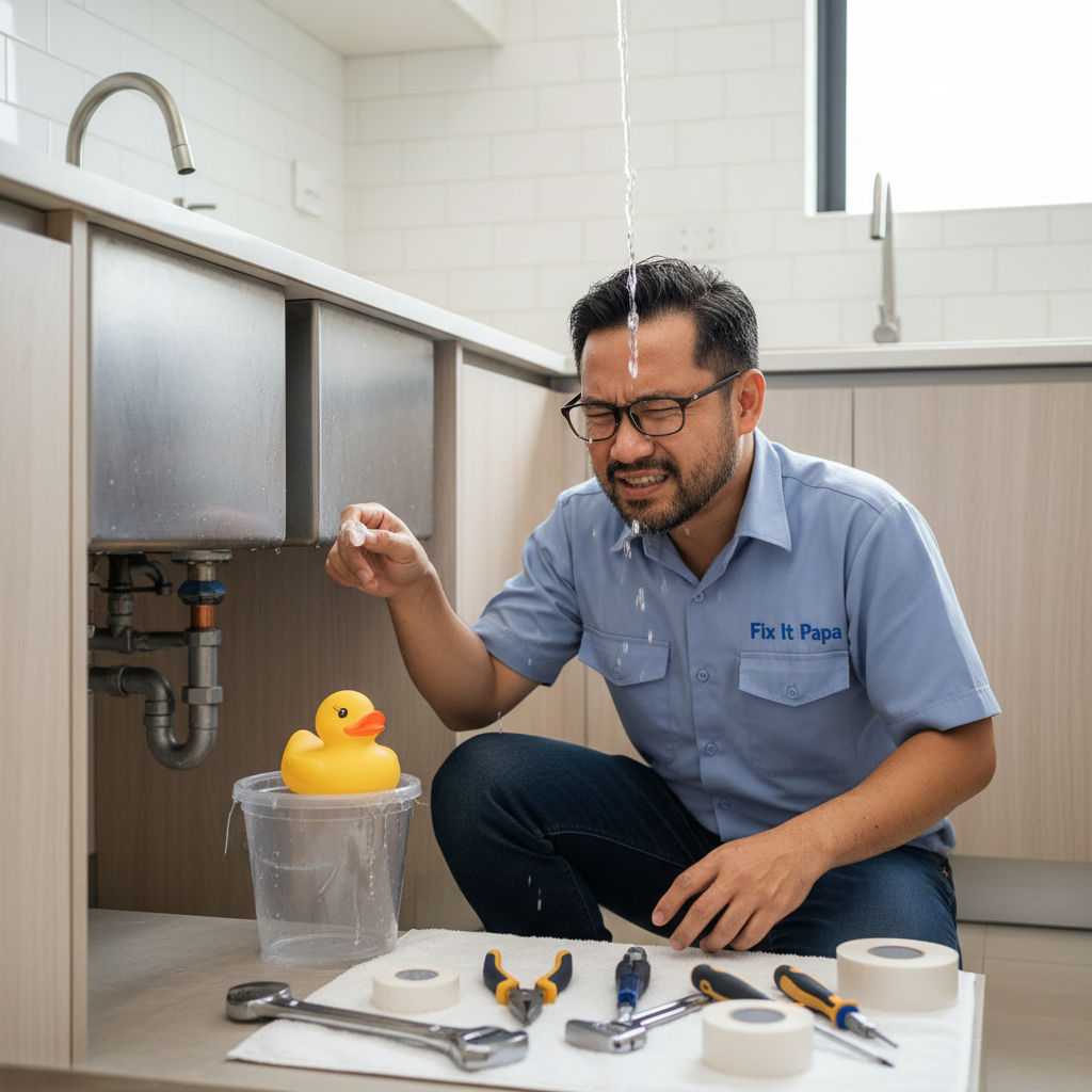 An expert handyman from Fix It Papa fixing a leaky faucet in a modern Singaporean kitchen, showcasing professional-grade tools and equipment.