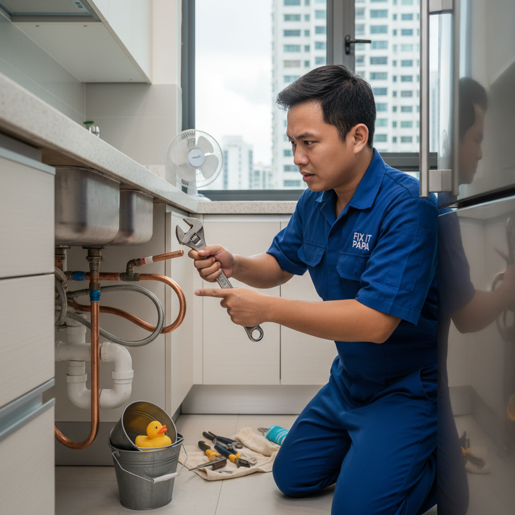 An expert plumber from Fix It Papa inspecting and fixing plumbing pipes in a high-rise Singapore apartment, showcasing professional service in a humid climate.