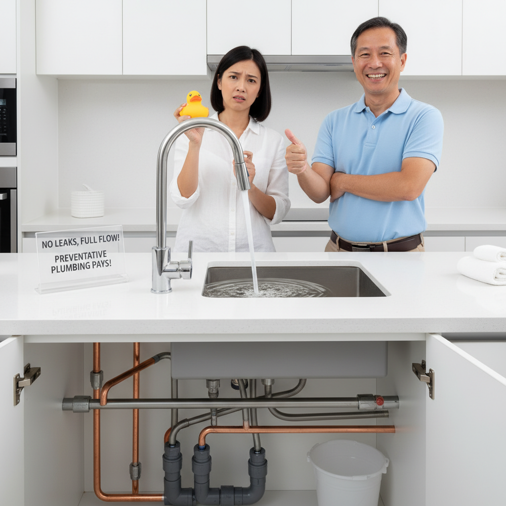 A clean and modern kitchen sink area with well-maintained plumbing fixtures, highlighting benefits of preventive plumbing maintenance like leak-free taps and optimal water flow.