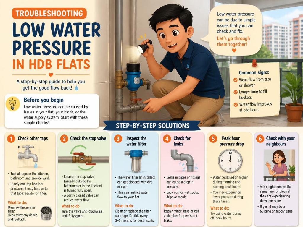 HDB Water Pressure Low? Causes, Fixes and Who to Call